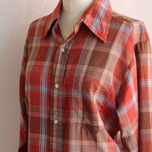 Vintage 1970s Shirt, Viking Dagger Collar Orange Plaid Tratan Button Down Blouse - Picture 8 of 10